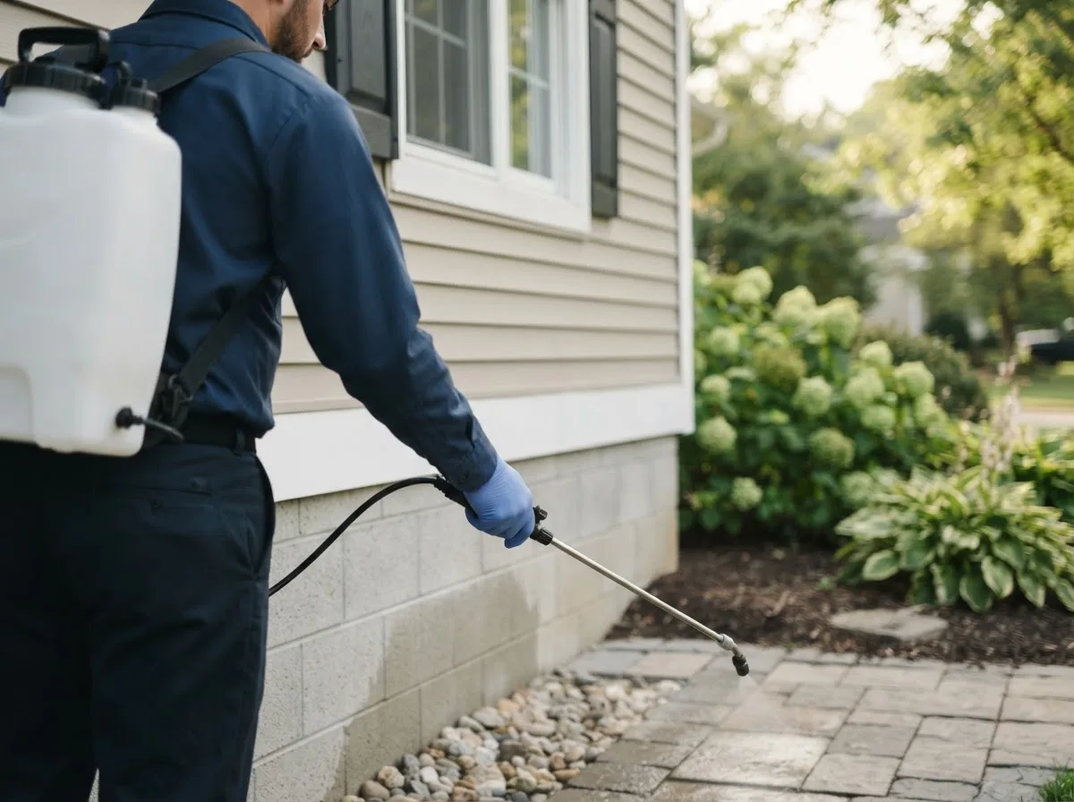 Pest control technician inspecting a home in Maquoketa, IA